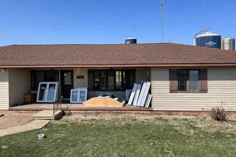 Single-story beige mobile home with building materials and windows stacked on front porch, rural setting with clear sky