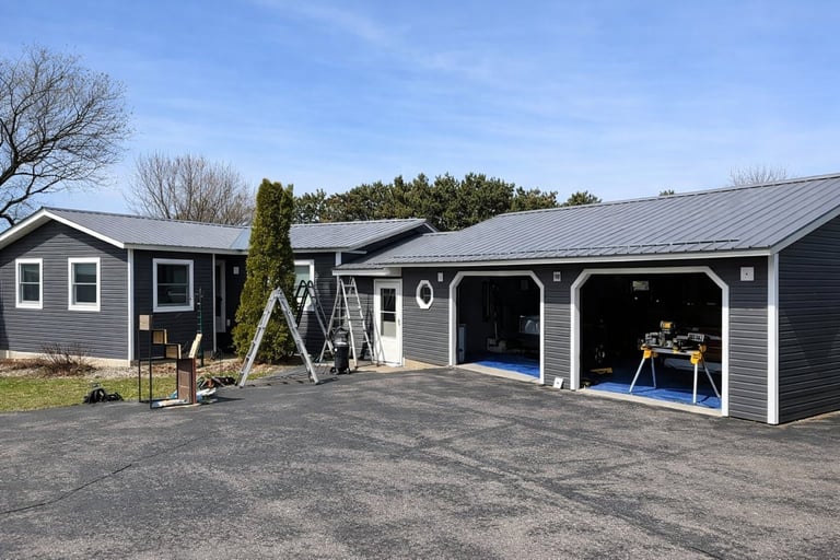 Modern residential property with gray-sided house and two-car garage with doors open, driveway, and bare trees in background