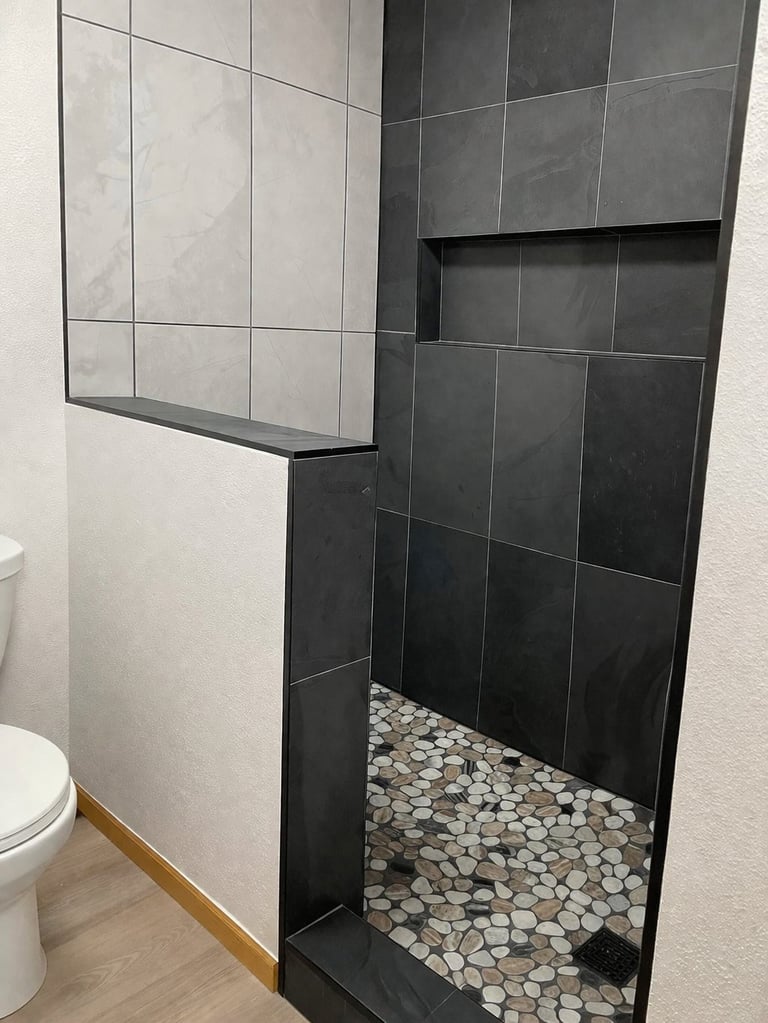 Modern bathroom shower enclosure with black and white tiled walls, glass door, and pebble mosaic floor