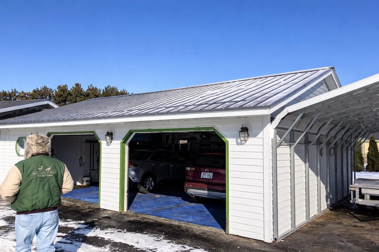 White garage building with open green-trimmed doors showing a car inside, person standing nearby, and carport structure on the right side